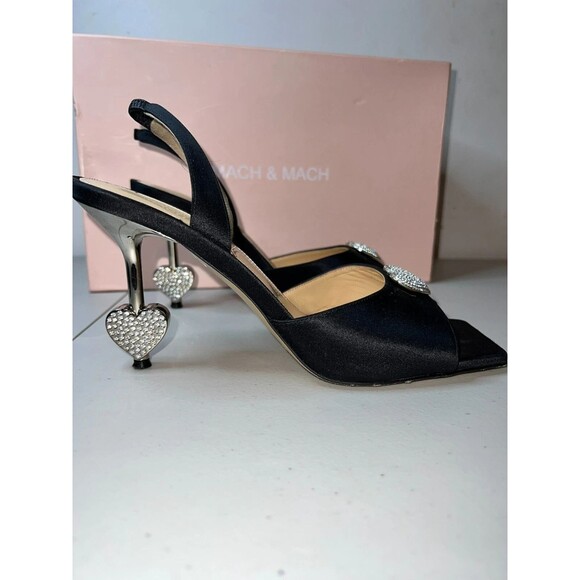 Mach & Mach Slingback Heel Sandals Women's 37 Black Embellished‎ Crystal Heart - Picture 11 of 16
